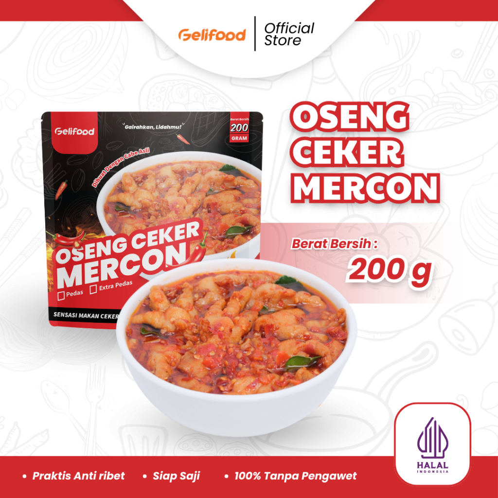 

Gelifood - Oseng Mercon Ceker Tanpa Tulang Pedas Daun Jeruk Makanan Kemasan 200gr