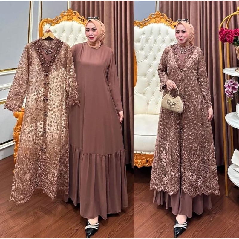 Gamis Set Outer Iner Brukat Payet Mutiara Mewah Mocca Fashion Muslim Perempuan Dress Pesta Lebaran