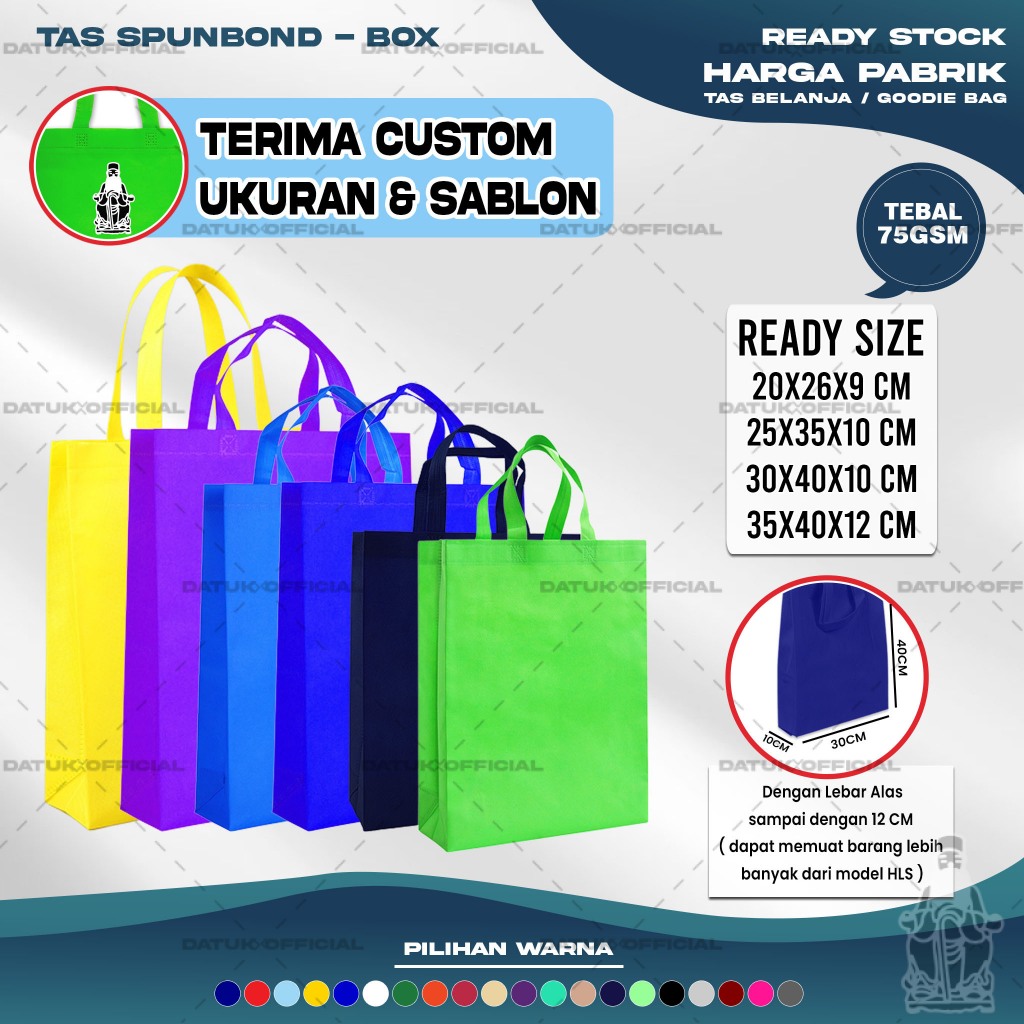 

Goodie Bag Tas Belanja Spunbond HBPA Kotak Box Ukuran 20x26x9 25x35x10 30x40x10 35x40x12 Kantong Kain