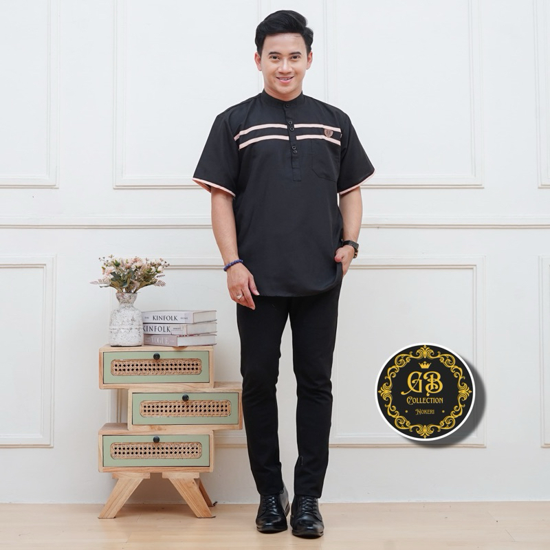HITAM KOKO KURTA Baju koko pria lengan pendek model kurta warna hitam bahan katun list kontras Baju 