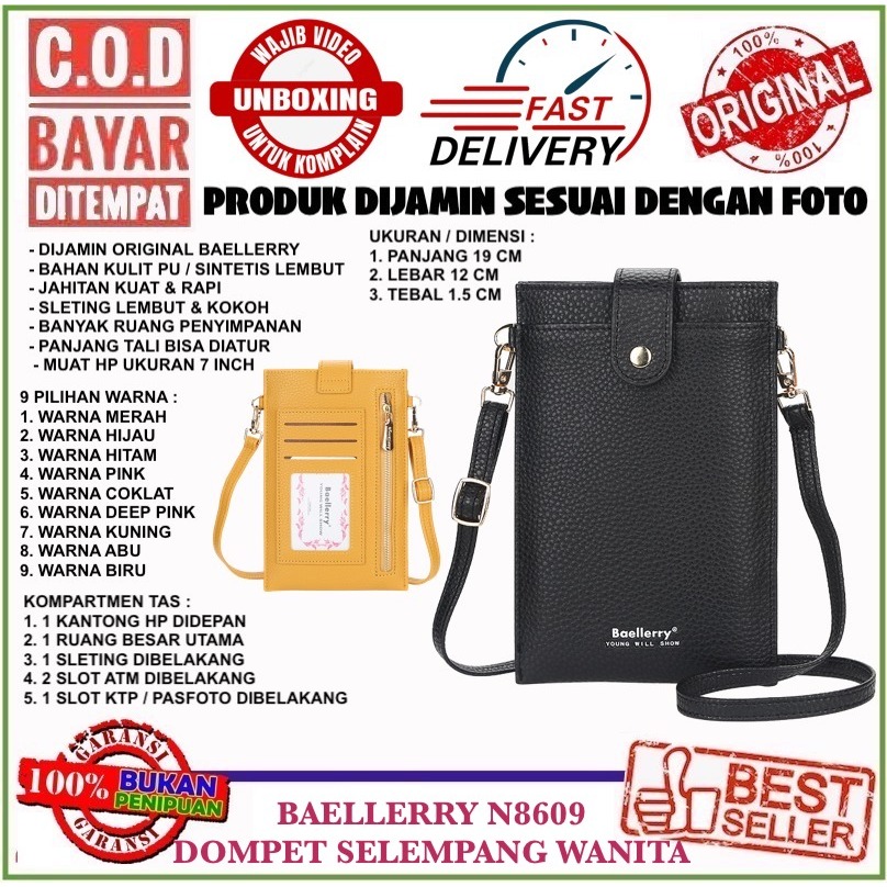 C.O.D Baellerry N8609 Dompet Tas Selempang Wanita Tali Panjang Muat HP Besar Bahan PU Lembut Cantik