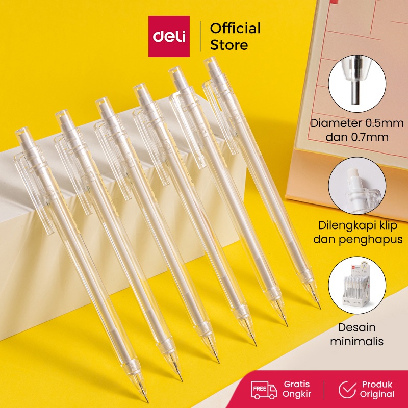

Deli Pensil Mekanik / Mechanical Pencil Transparan 0.5mm / 0.7mm Klip Pena dan Penghapus SH12
