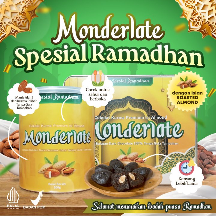 

Monderlate Spesial Ramadan - Cokelat Kurma Isi Almond dengan 100% Dark Chocolate Zero Sugar