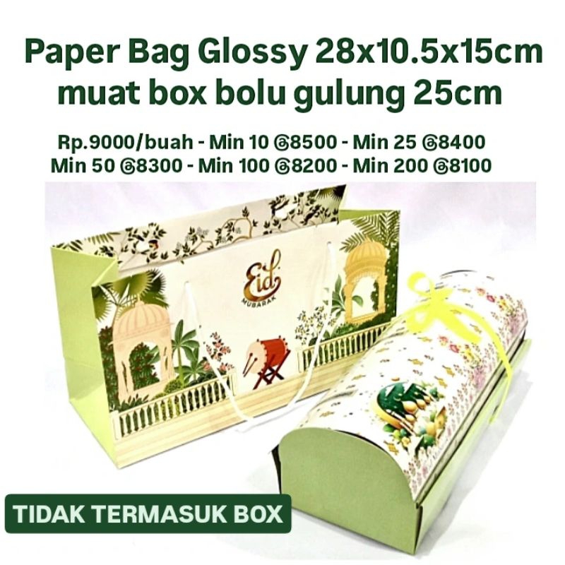

Paper Bag Glossy 28x10.5x15cm muat box bolu gulung 25cm muat 3 toples tabung