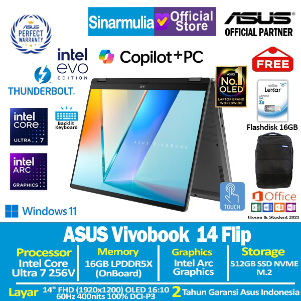 ASUS Vivobook 14 Flip TP3407SA Ultra 7 256V 512GB SSD 16GB FHD OLED Touch Win11+OHS