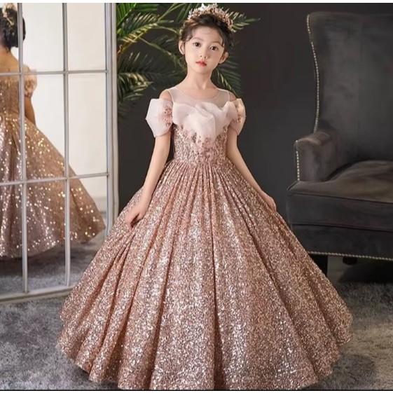 gaun pesta  anak   berkilau  dengan   organza  motif  payetan berkilau  dress pesta  rose  gold  len