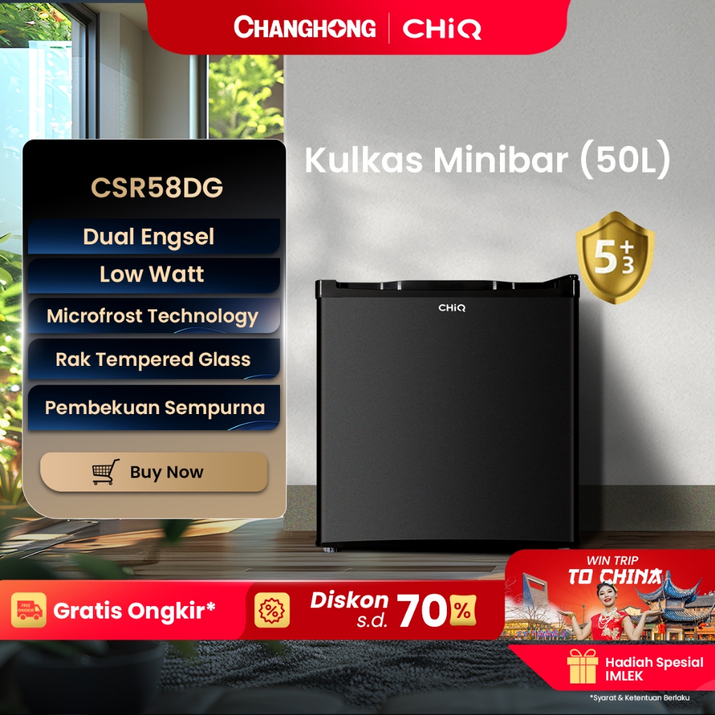 CHiQ Kulkas 1 Pintu Mini Bar 50L CSR58DG  (Semi Auto Defrost) (Adjustable Door Bisa Di Buka Dari Kan