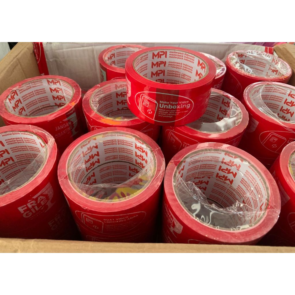 

(72 Pcs) [1 Dus] [MERAH] Lakban Unboxing Fragile Merah - Wajib Unboxing- Unboxing MPI 72 YARD