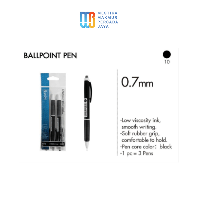 

Bantex Pulpen Ballpoint 0.7mm Tinta Hitam Grip Nyaman Isi 3 Pcs BG6013