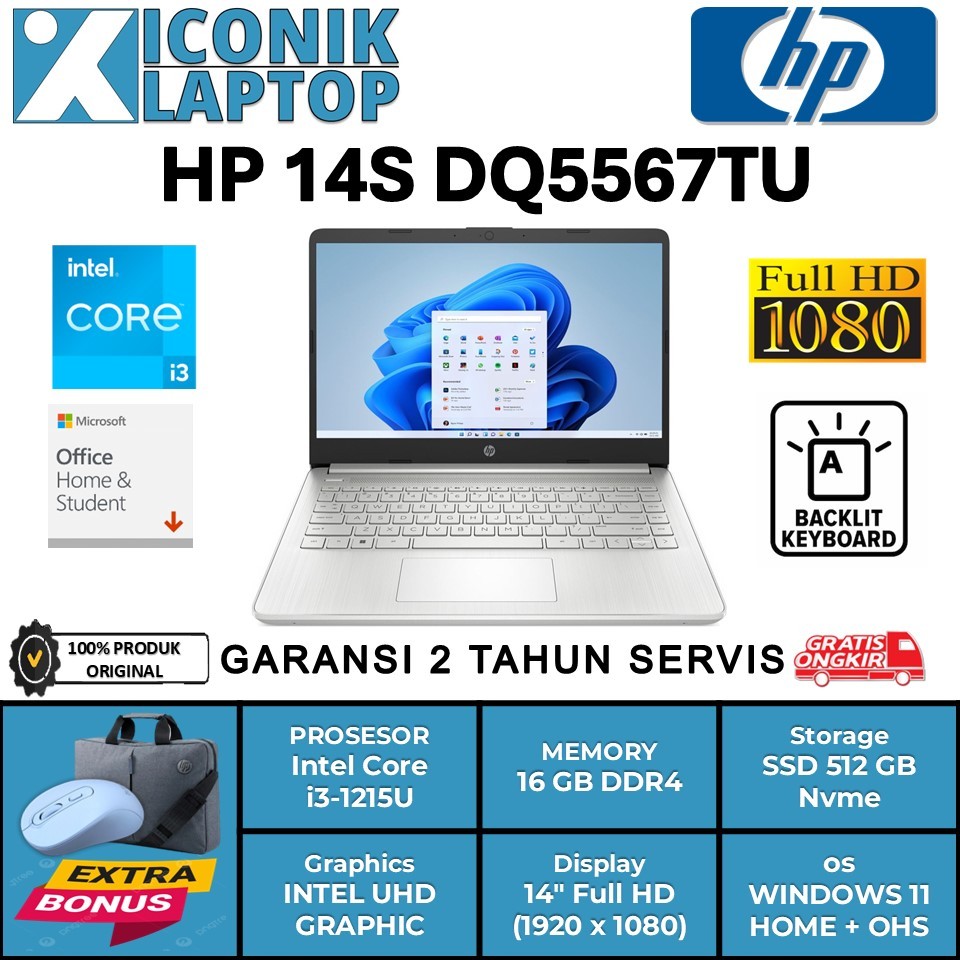 Laptop HP 14s DQ5567TU Intel Core i3 Gen 12 Ram 16 GB Ssd 512 GB Layar 14 Full HD Garansi Resmi HP