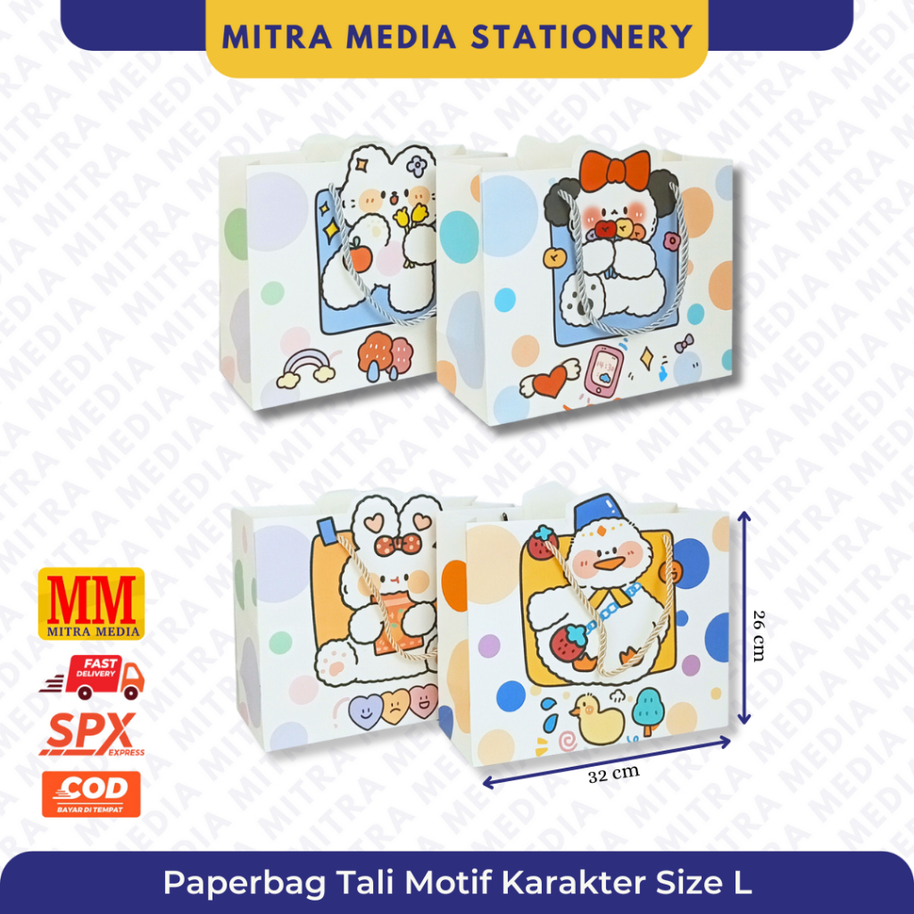 

Paper Bag Tali Motif Karakter Size L / PaperBag Motif Boneka / Hewan / Goodie Bag / Tas Kado