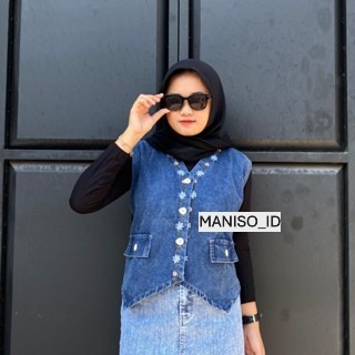 Avena Vest Jeans Bordir Flower Bigsize Atasan Rompi Wanita Jumbo