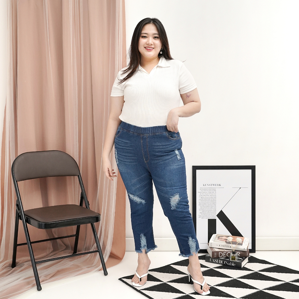 celana jeans wanita jumbo sobek / celana pinggang karet street / jeans ripped terbaru