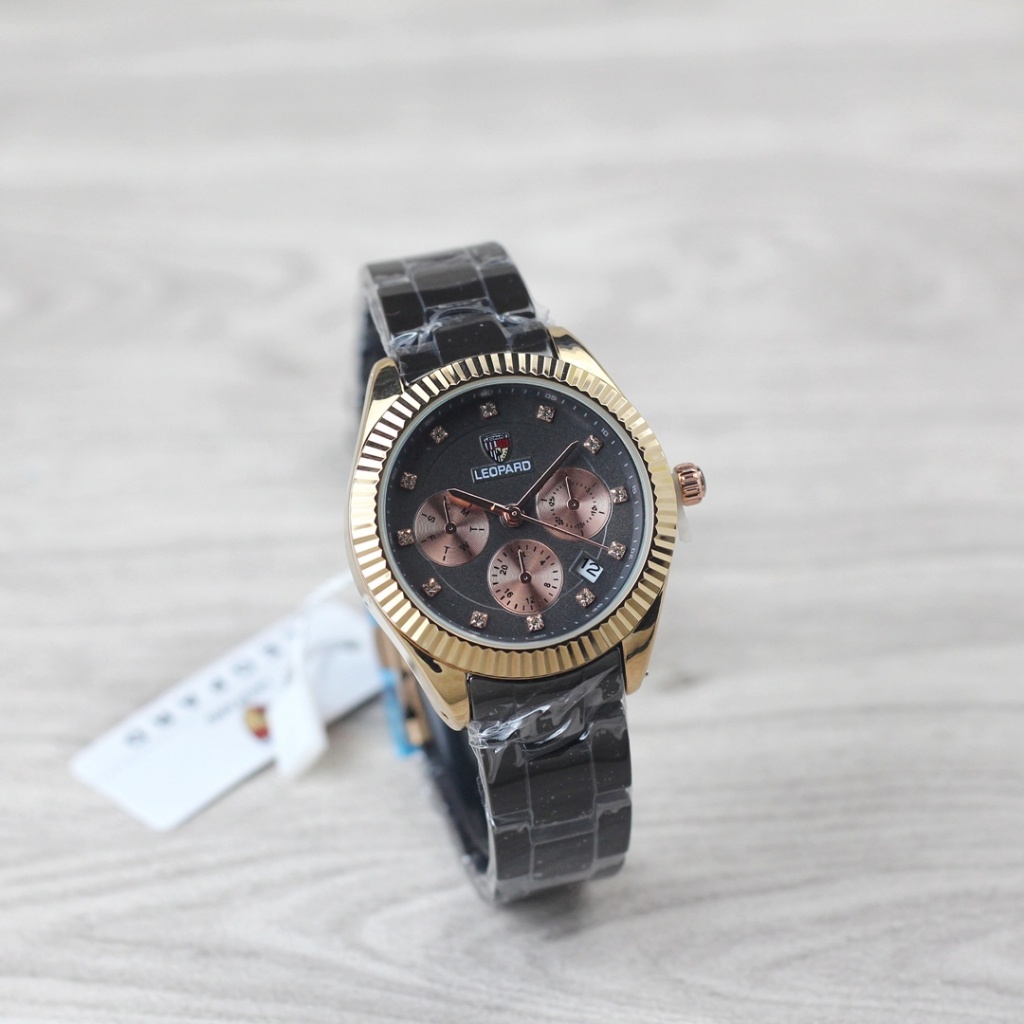 Jam tangan Wanita Leopard 6237 tanggal aktif chrono off tali rantai keramik analog original
