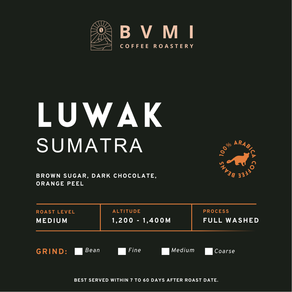 

Bvmi Roastery - Luwak Liar Sumatra Full Wash Premium Arabica Coffee Beans / Wild Civet Gayo Biji Kopi Arabika Grade 1 200g