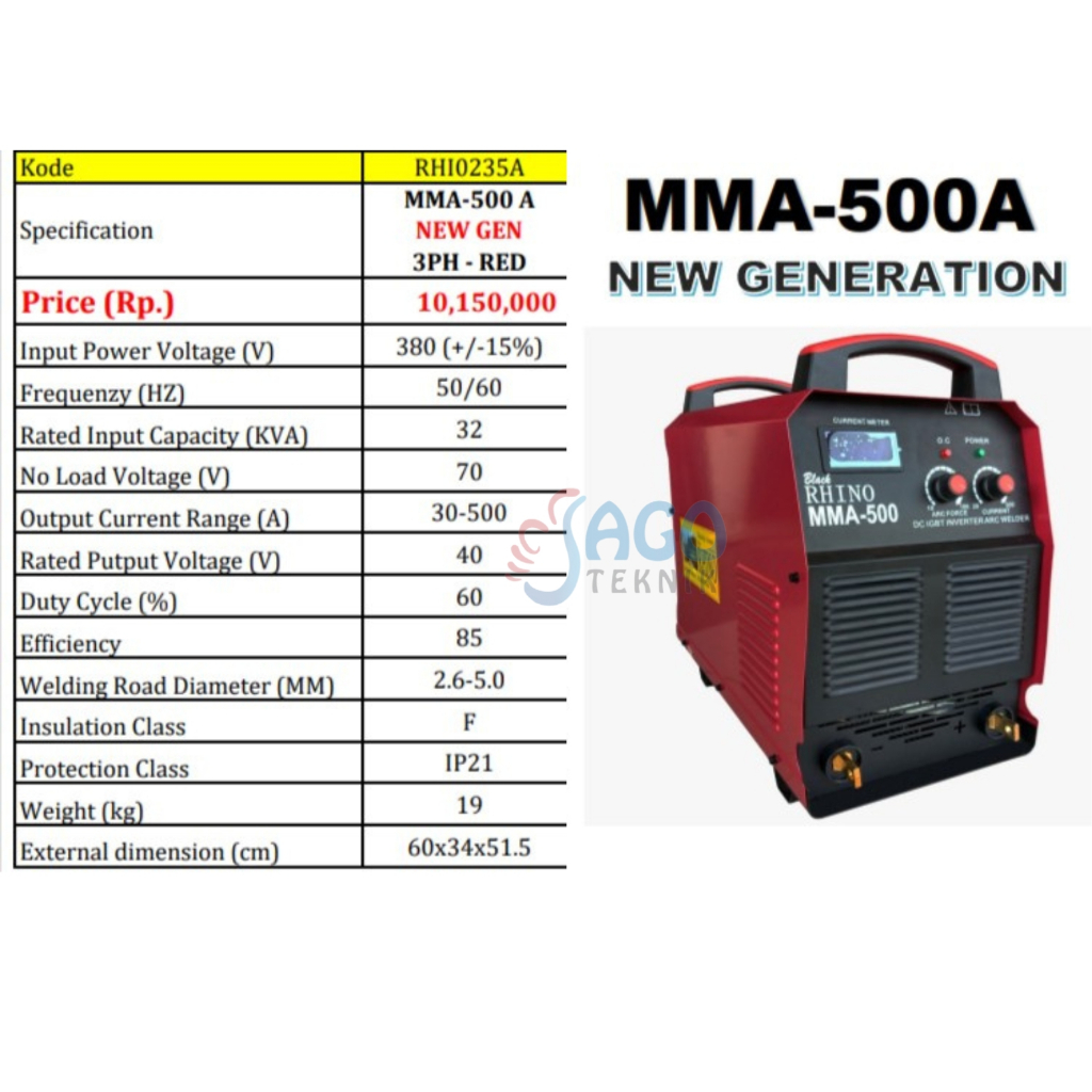 Rhino MMA-500A / Mesin Las Listrik Rhino MMA 500A 3phase - Trafo Las Inverter Rhino MMA-500A