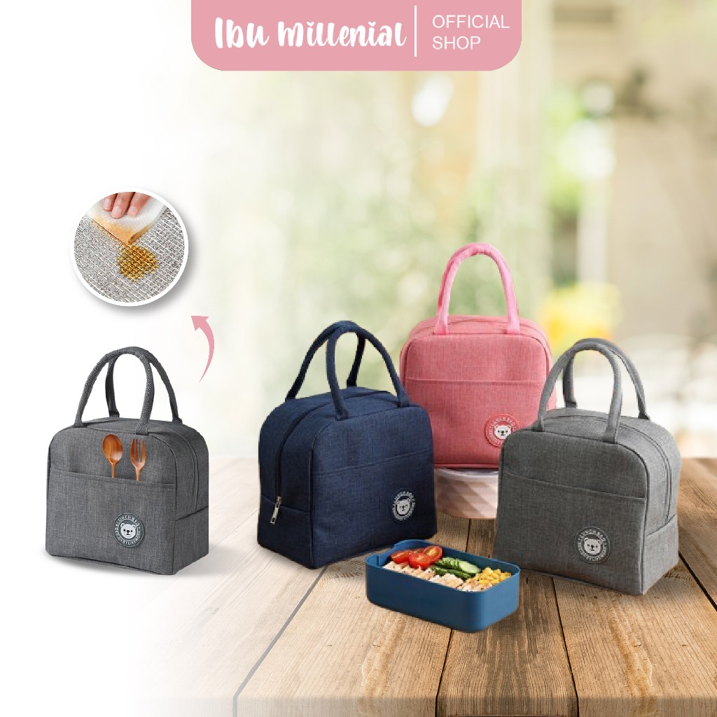 IBUMILLENIAL Tas Bekal Tempat Makanan Portable Dengan Pegangan Bahan Berlapis Tahan Panas Tahan Air 