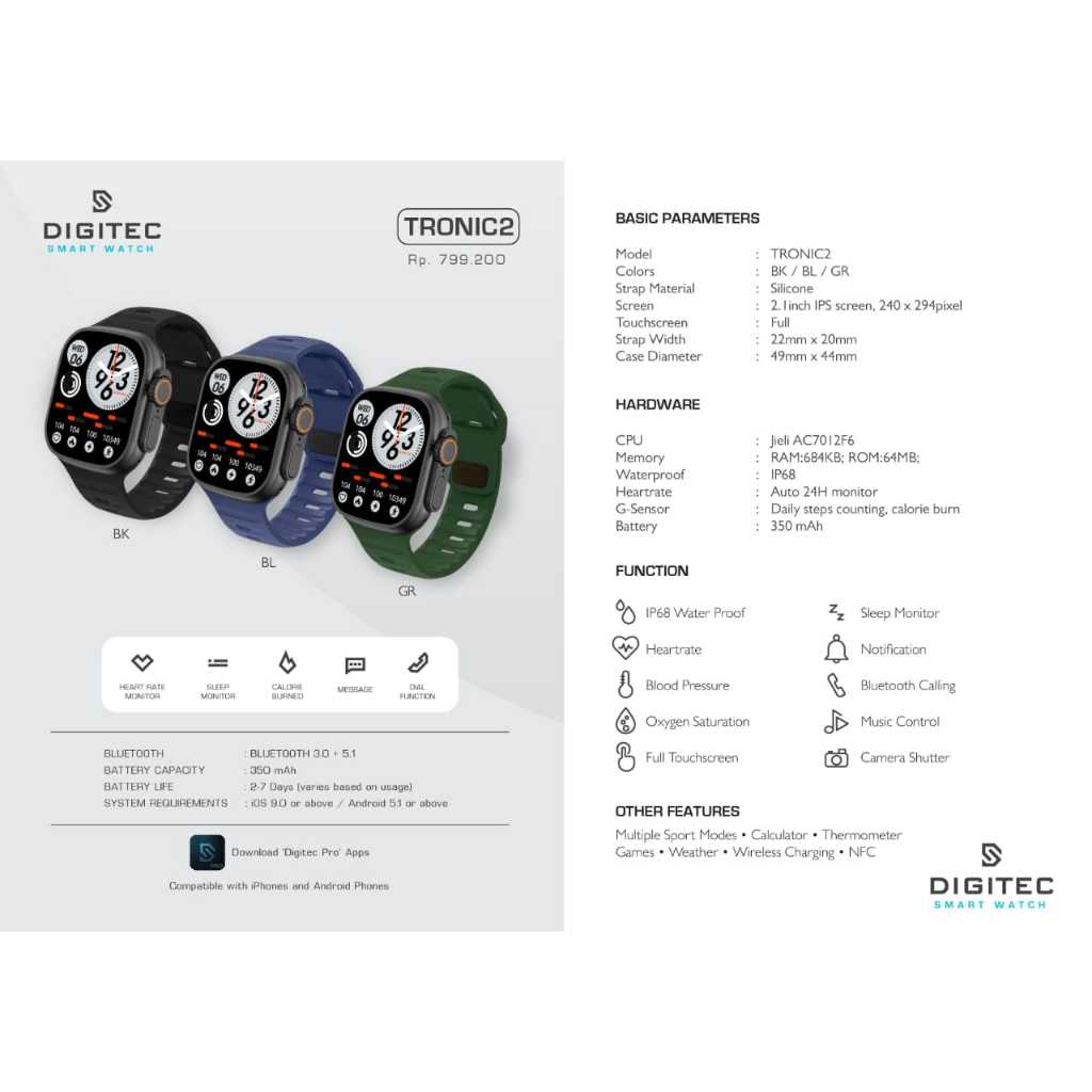 JAM TANGAN DIGITEC SMARTWATCH TRONIC2 ORIGINAL SMARTWATCH PINTAR