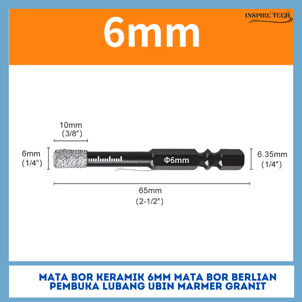 Mata Bor Diamond Holesaw 6mm hitam Drill Bit Hexagonal Dry Drill bit Pelubang keramik Kaca Akrilik G