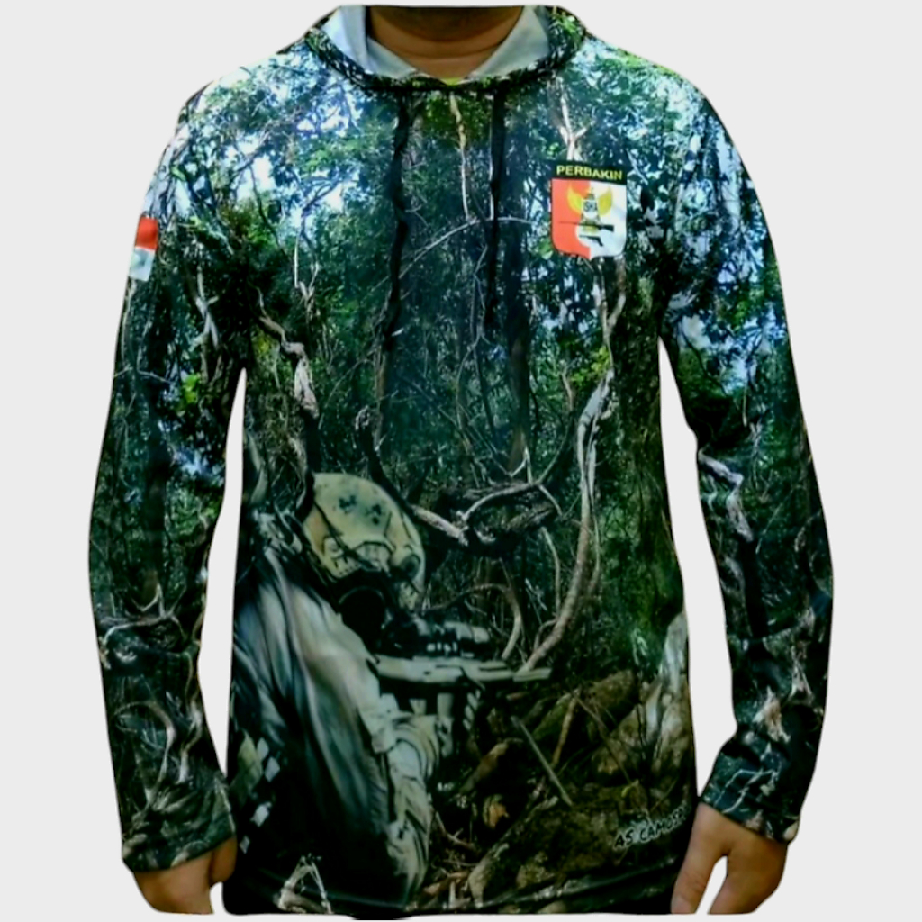 Baju Perbakin Berburu Lengan Panjang Kaos Hoodie Kamuflase Full Printing Motif Hutan Sniper