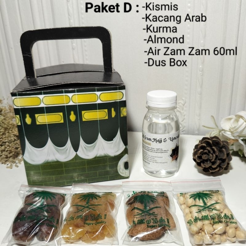 

Paket D Oleh-Oleh Haji dan Umroh Dus box,Almond(Hampers /makanan)