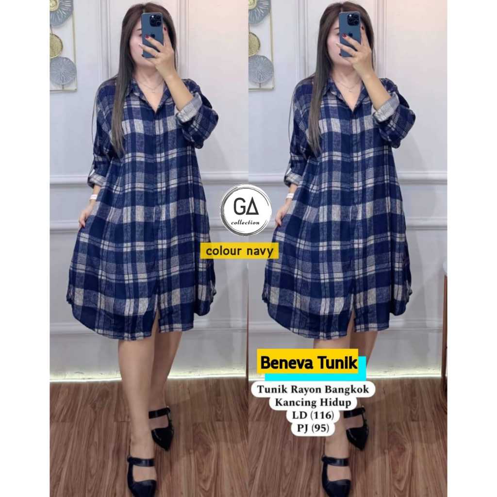 TUNIK WANITA KOREAN STYLE KATUN RAYON MOTIF KOTAK KOTAK TERBARU PAKAIAN WANITA BAJU ATASAN LENGAN PA