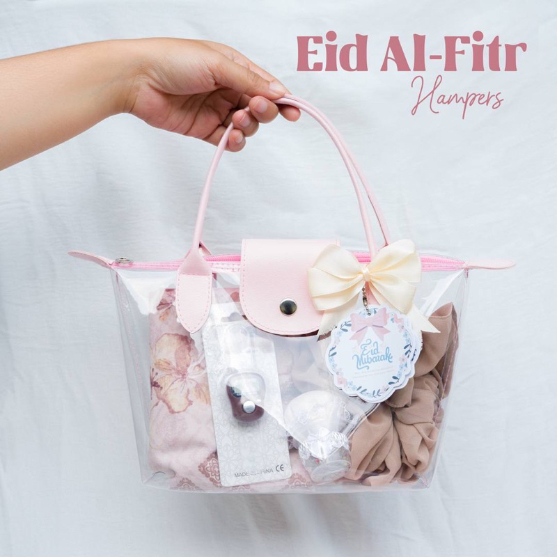 Hampers Idul Fitri||Sudah Tas Cantik||Hijab Motif Premium||Tasbih||Pincase Scrunchie Kartu Ucapan