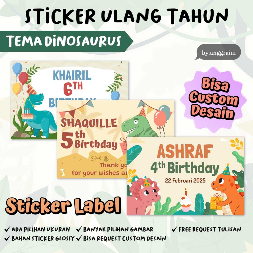 Sticker Ulang Tahun - Dinosaurus Custom - Stiker Label Kotak Nasi Bento -  Ultah Anak