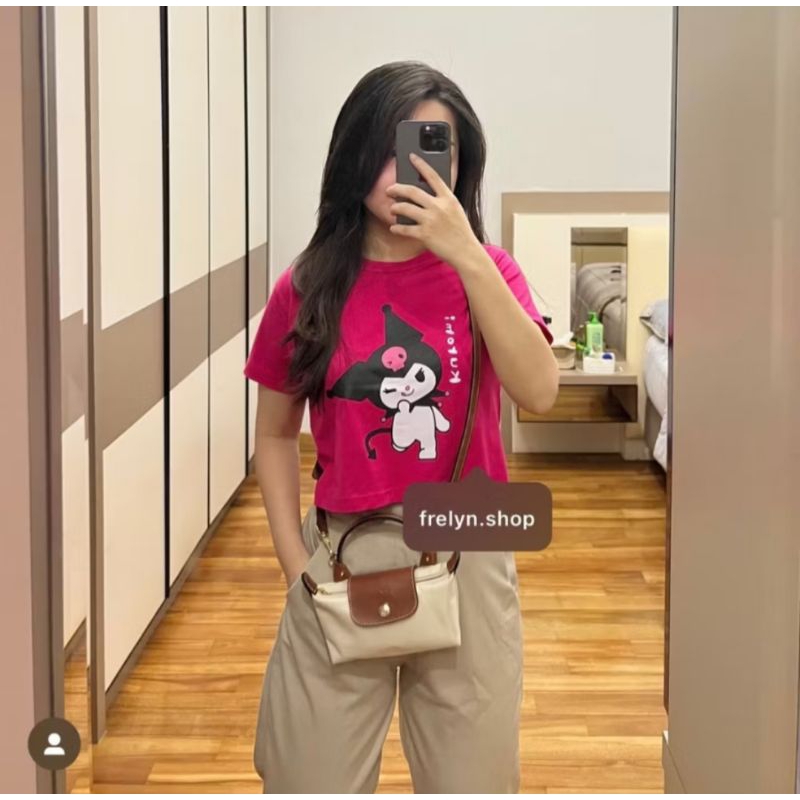 Kaos Kuromi Crop Top T Shirt Katun Combed 30s ( LD : 96cm ) / Crop Top Kuromi Fuschia / Baju Crop To