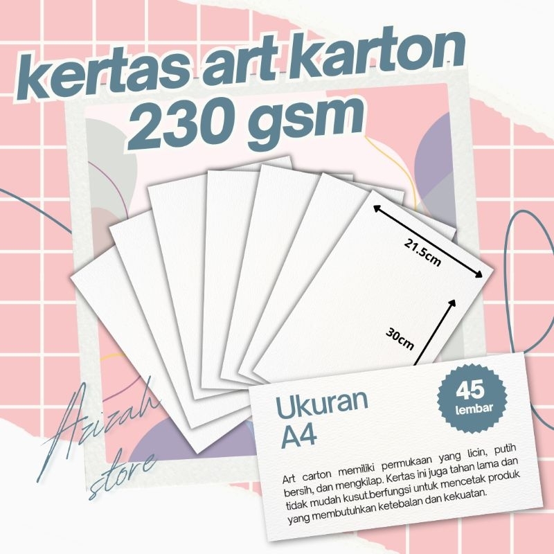 

kertas art karton ketebelan 230 gsm ukuran A4(21.5cm×30cm) 1 pack isi 45 lembar