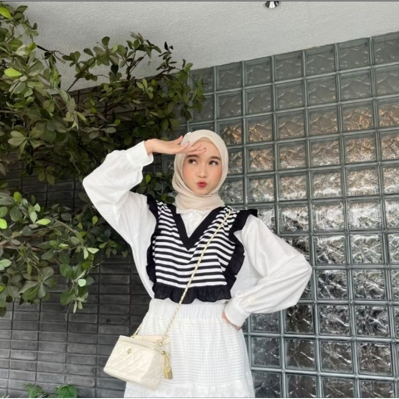 Blouse Salur Desya Wanita Polo Linen Variasi Salur Depan Belakang Rempel - Navy, Garis, Nyaman, Panj