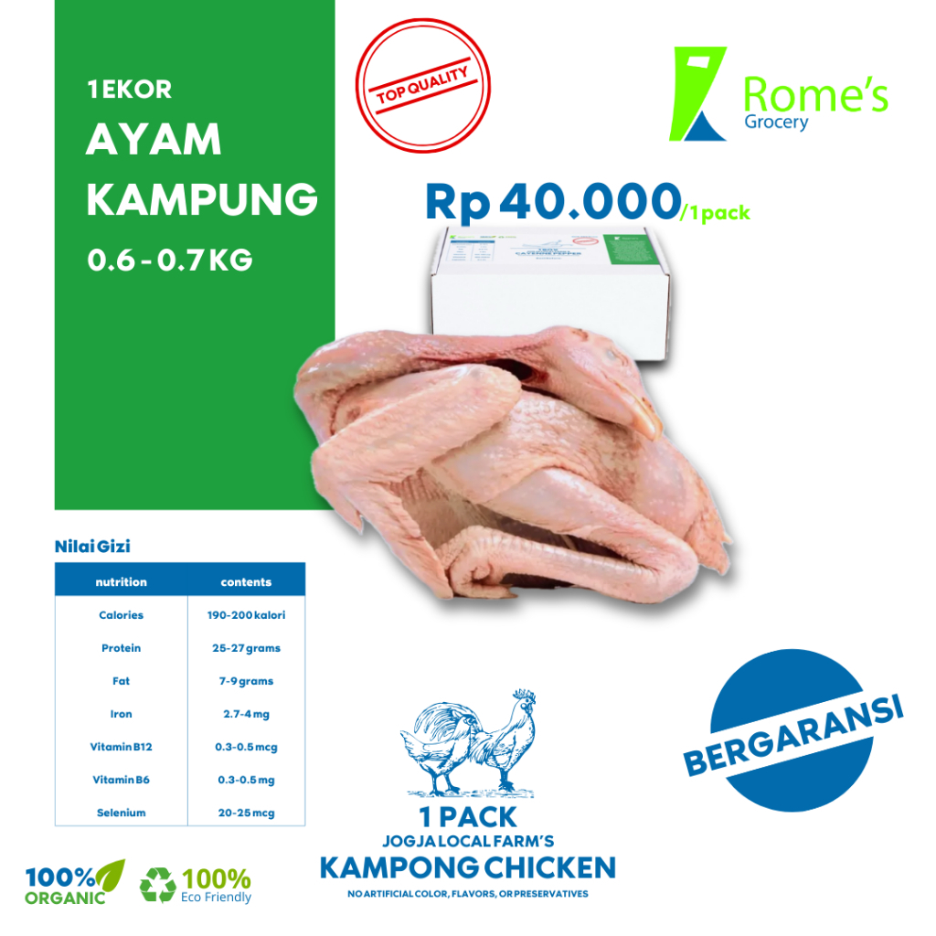 

Ayam Kampung Utuh | 0.6 - 0.7 kg | Fresh&Organik | Bergaransi | Rome's Grocery