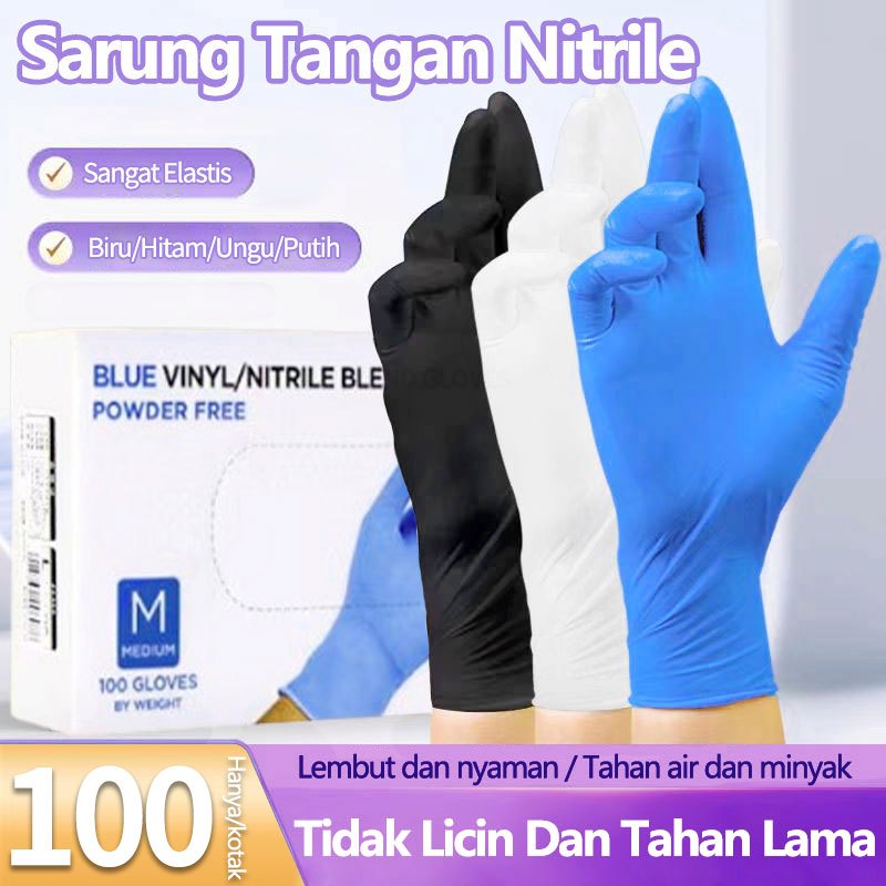 100Pcs Sarung Tangan  Nitrile  Sarung Tangan Latex Sarung Tangan Karet Handscoon Medis