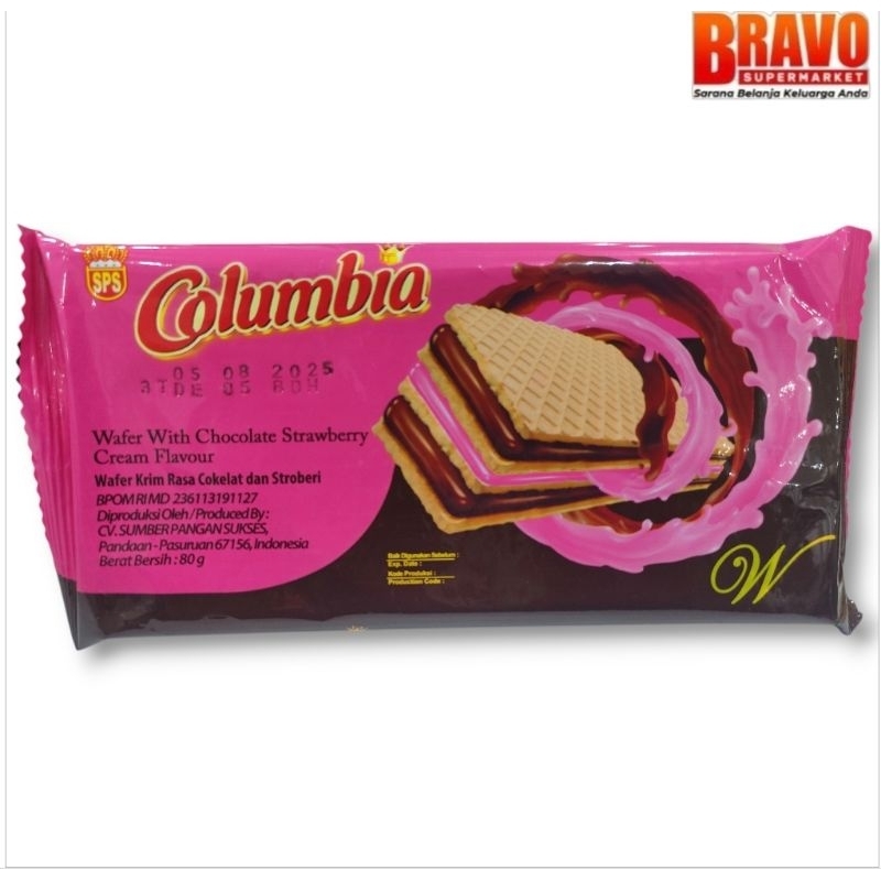 

Columbia Wafer With Chocolate Strawberry Cream Flavour 80g - Wafer krim rasa strawberry cokelat