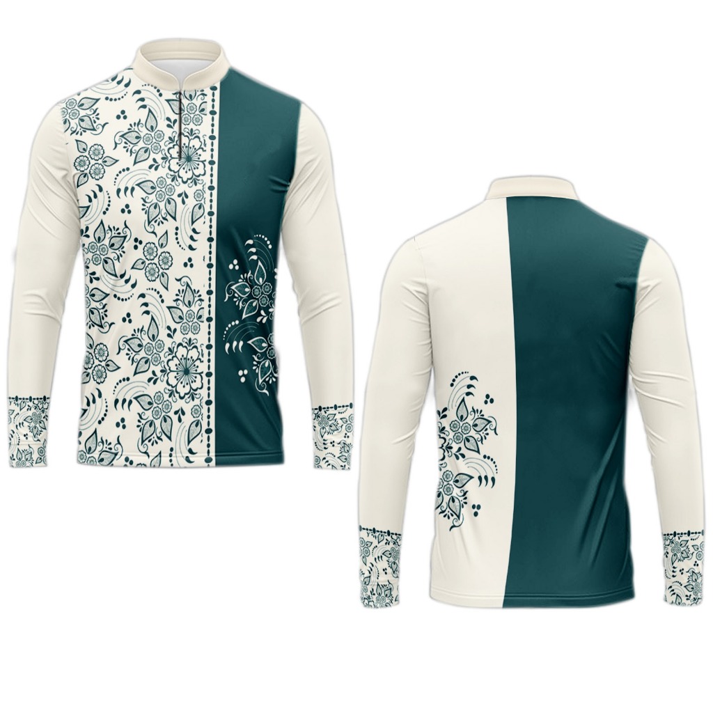 Baju koko muslim/ pola bunga unik dalam nuansa putih dan biru teal/Kaos pria Dewasa jersey/motif ful