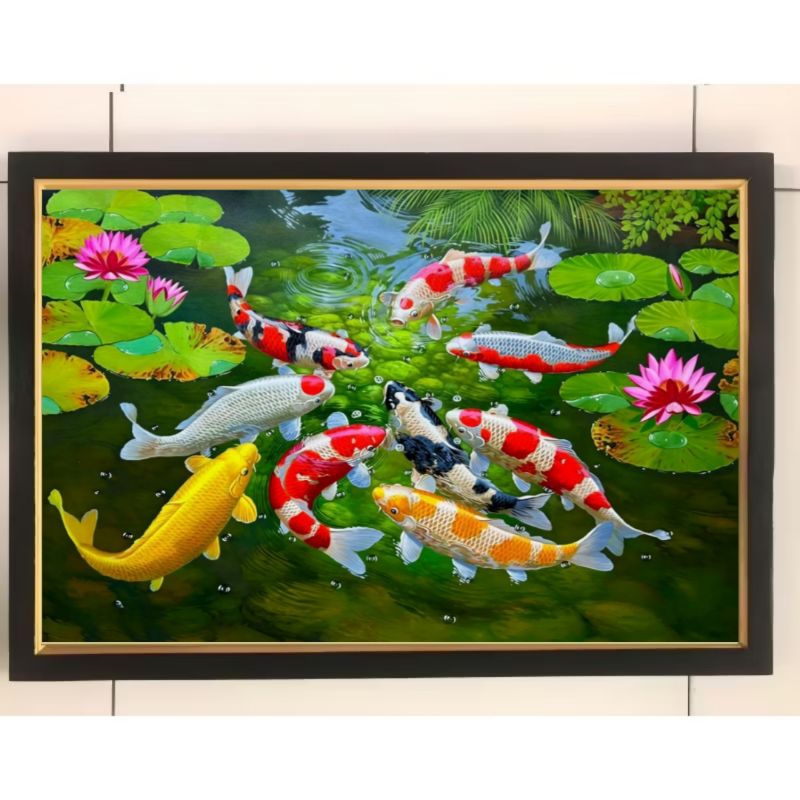 Hiasan dinding lukisan cetak ikan koi teratai plus Bingkai ukuran 65*45
