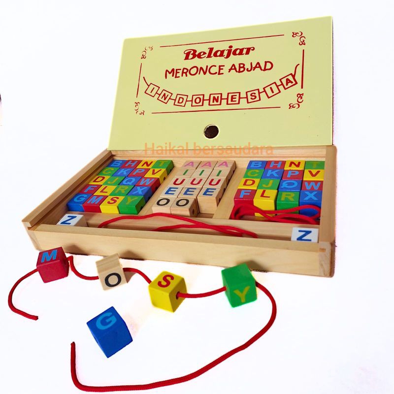 Mainan edukasi anak Meronce Abjad Doble Mainan edukasi kayu kubus abjad Puzzle kayu Balok susun moto