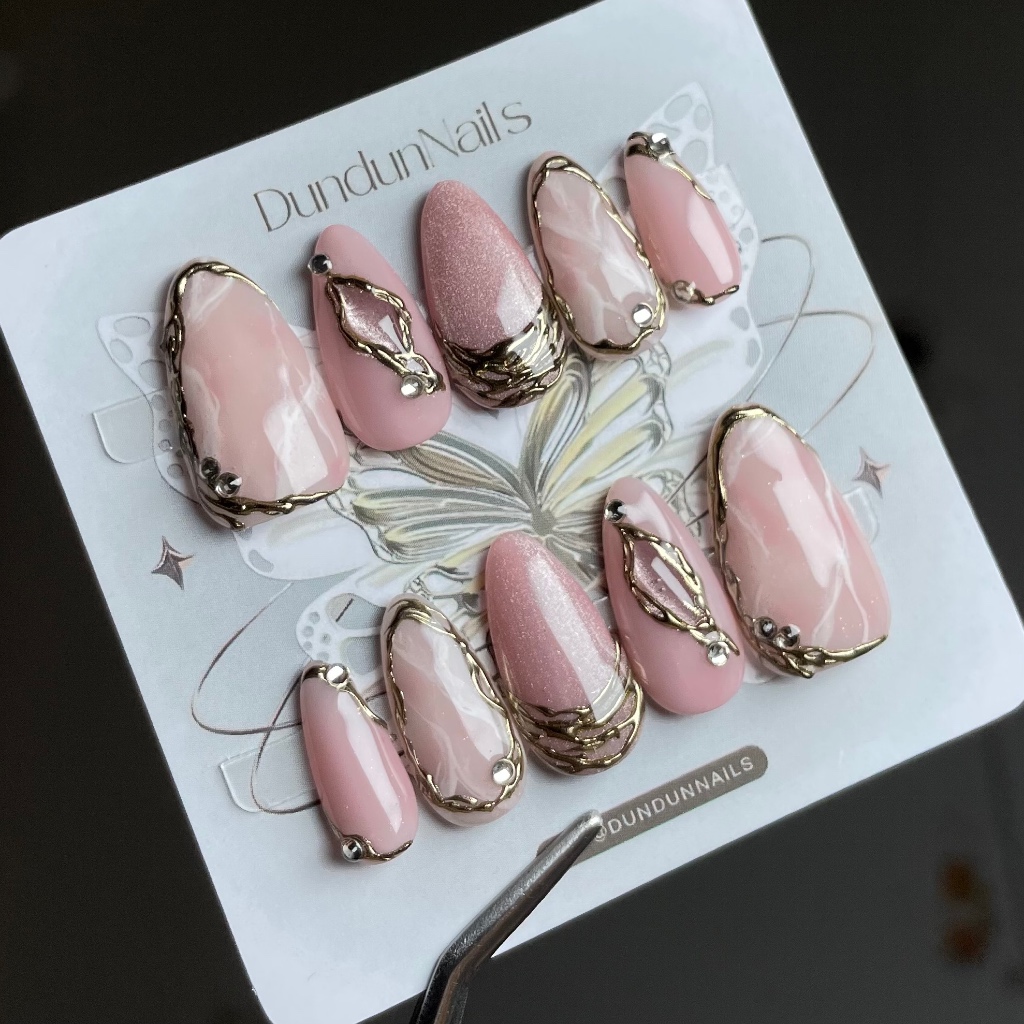 S77 Pink elegant marble wedding nails by dundunnails FREE BOX | custom nail art premium
