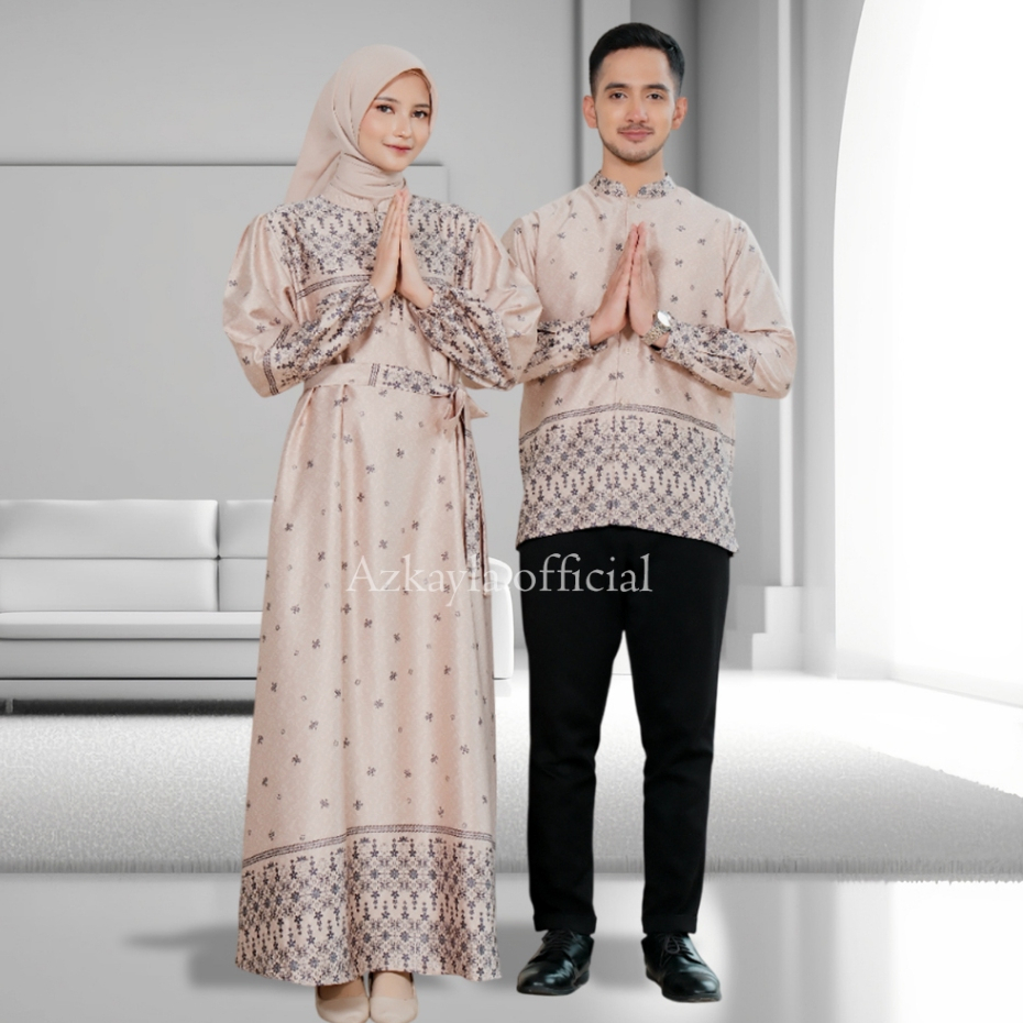 Azkayla - Baju Couple Pasangan Muslim Gamis Kemeja Koko Motif Lebaran Terbaru 2025 Silk Premium