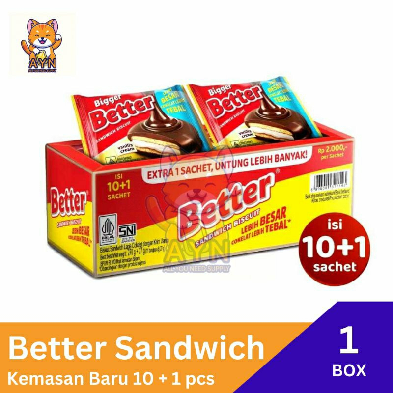 

Better Sandwich Cream Vanilla 27 gr Kemasan Baru (1 Box isi 10 + 1 pcs)