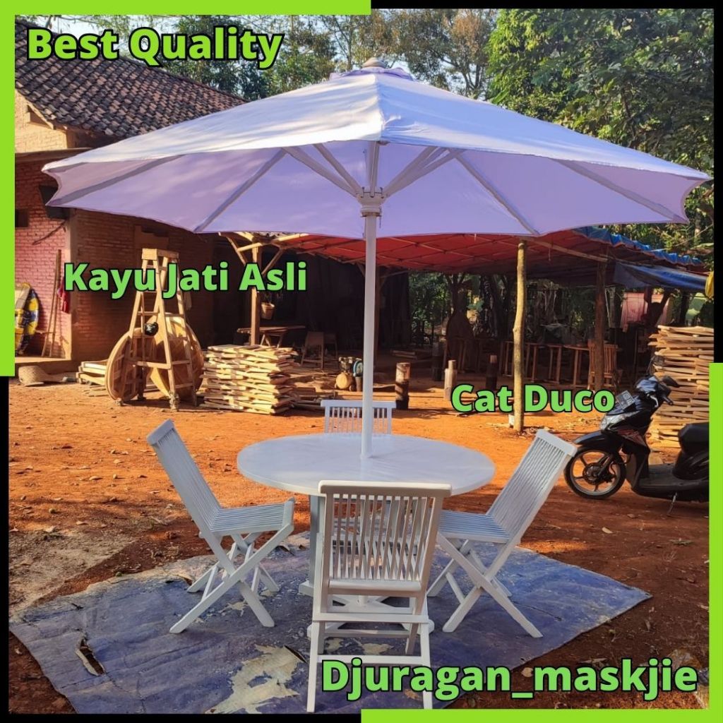 Meja payung taman cafe outdoor cat putih bahan kayu jati asli dari Jepara