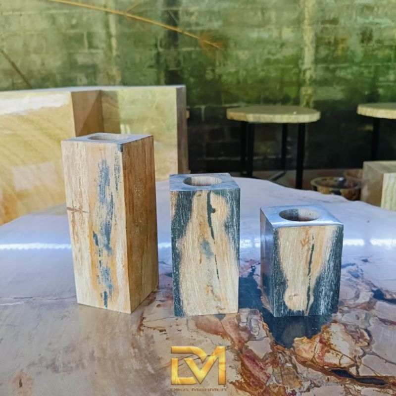 Satu Set Tempat Lilin Kotak Batu Fosil Kayu Asli