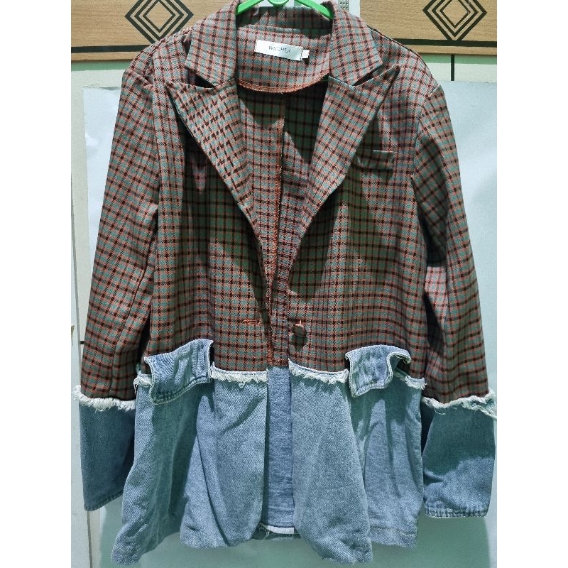 Blazer kotak2 kombinasi denim SECOND