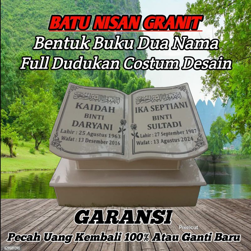 BATU NISAN MAKAM GRANIT UKIR BENTUK BUKU - UNTUK DUA NAMA - ( BISA COSTUM DESAIN )