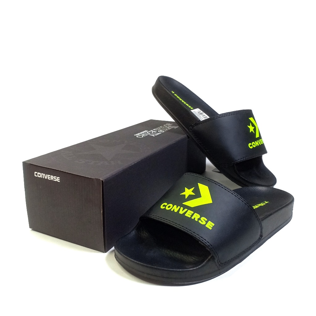 Sandal selop slide Casual Converse pria wanita tipe slop slip on warna hitam list hijau stabilo