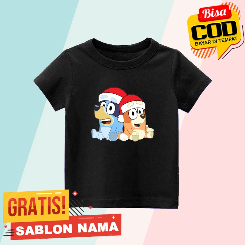 Baju Kaos Anak Bluey Christmas / Kaos Anak Laki Laki & Perempuan Custom Nama Bluey Christmas