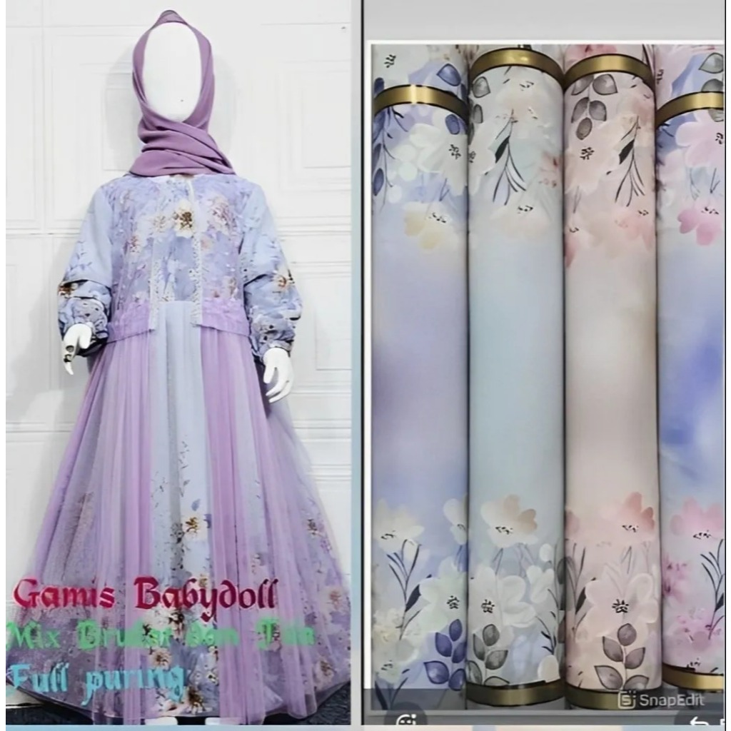 Gamis Ceruty Babydoll Mix Brukat Tile Untuk Anak Perempuan Usia 3-12 Tahun | Baju Gamis Ceruty Babyd