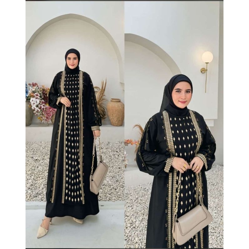 GAMIS ABAYA TURKI HITAM  BORDIR DAUN EMAS