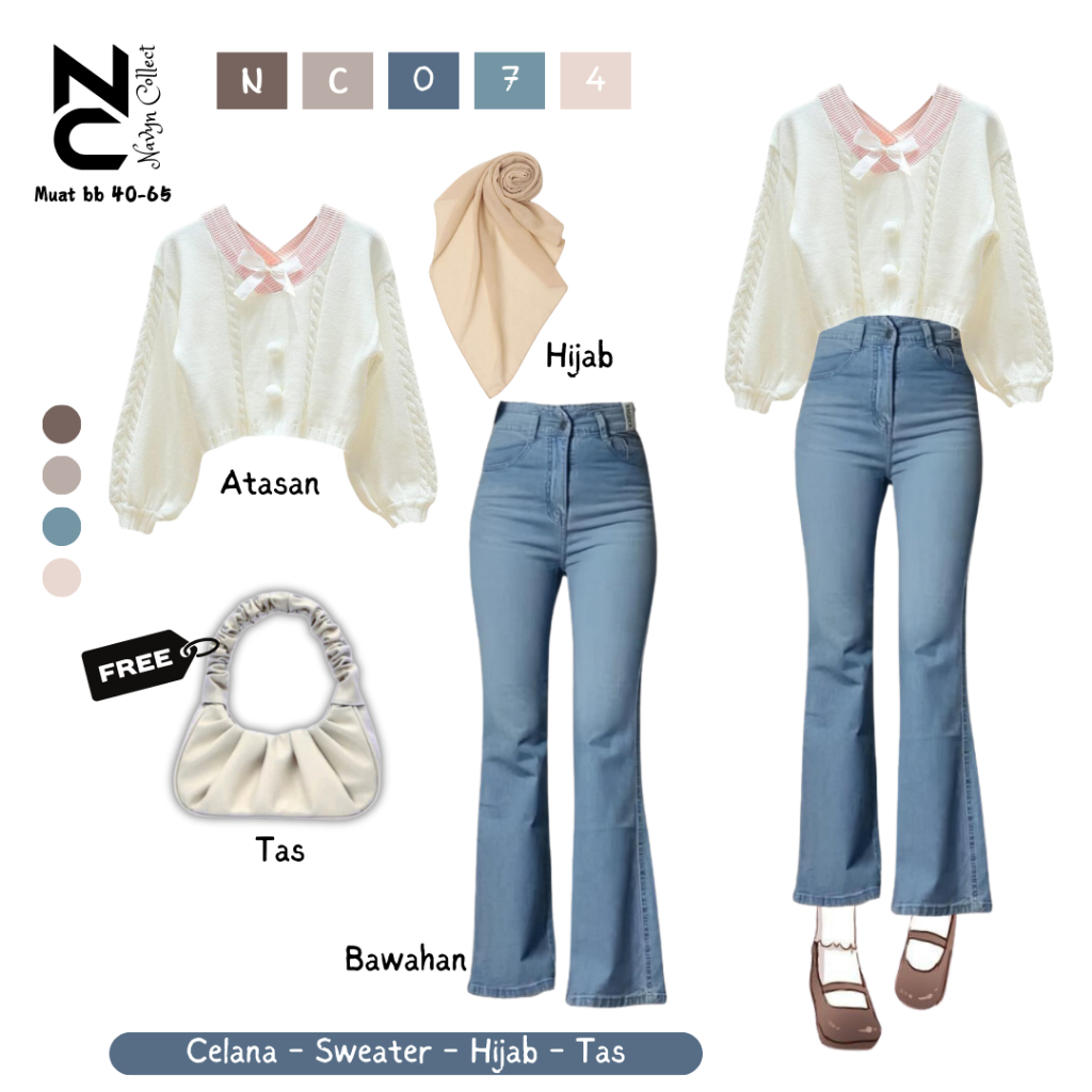Style Oneset OOTD Kekinian Wanita(sweater cute kawai wanita+celana jeans cutbray+hijab bella square)
