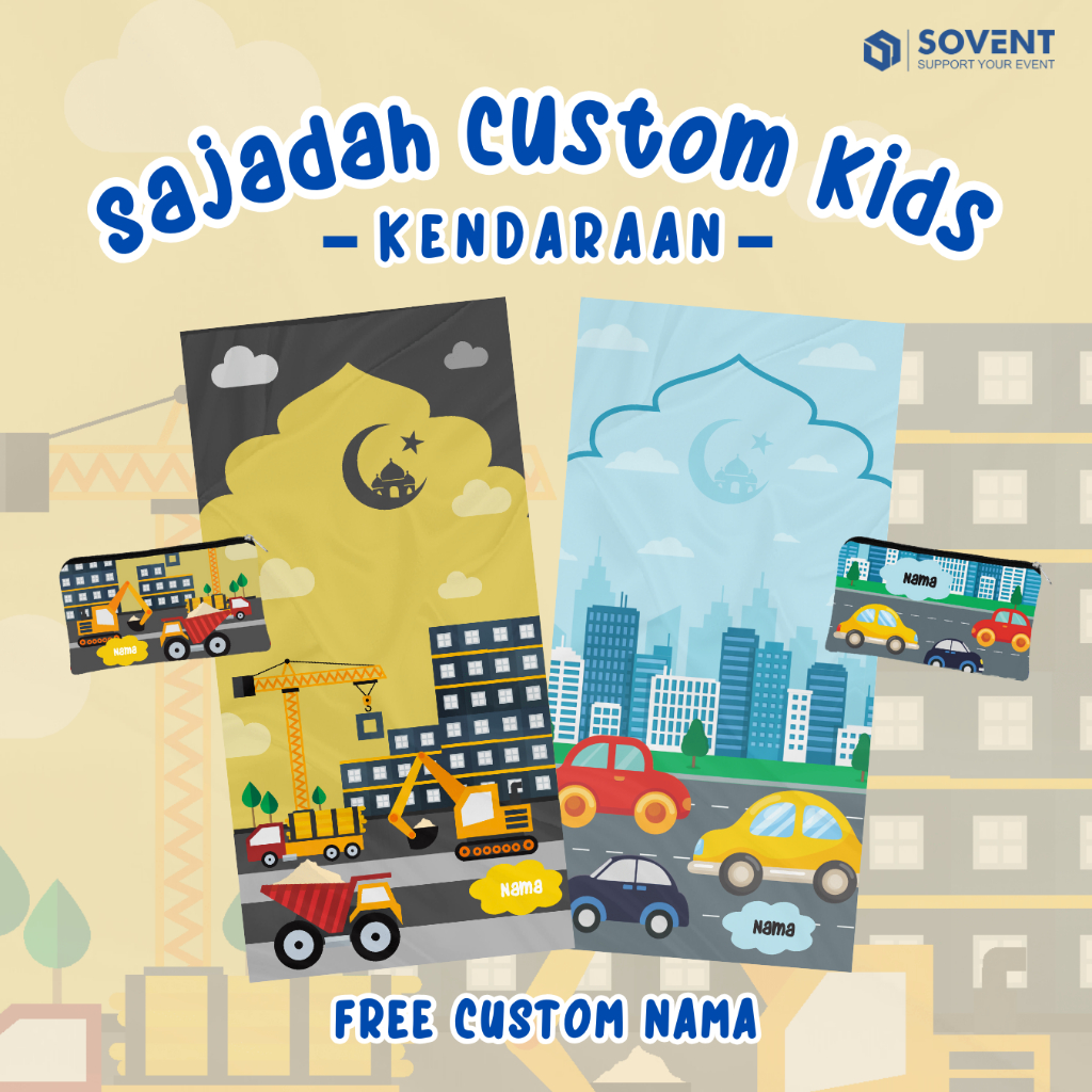 SAJADAH ANAK TRAVEL MOTIF KENDARAAN MOBIL / SEJADAH TRAVEL ANAK CUSTOM NAMA ANTI SLIP/ SAJADAH TRAVE